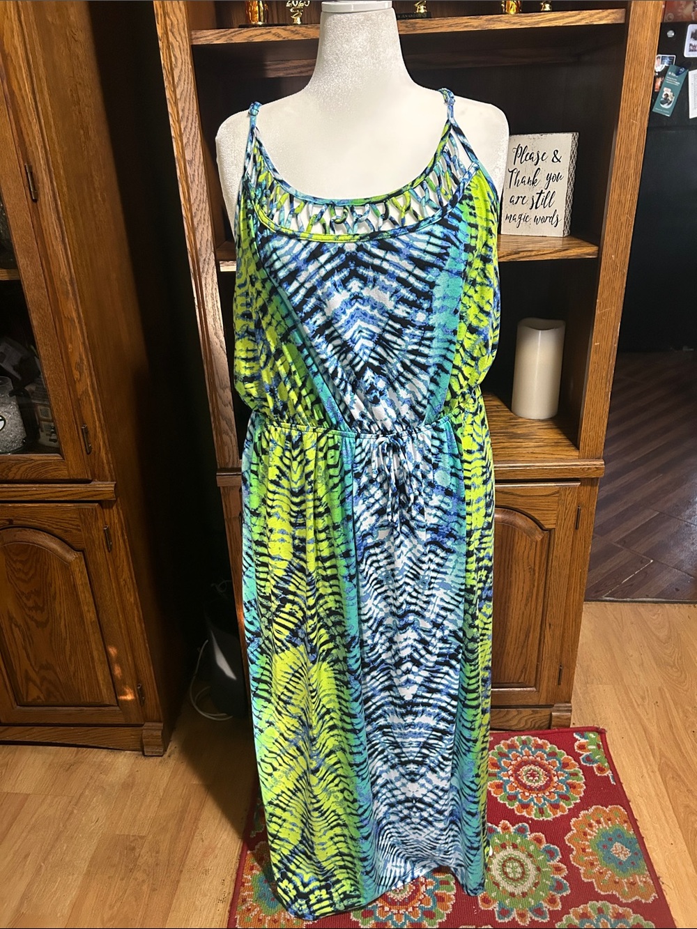 Summer Tie-Dye Maxi Dress in Blue & Lime - Lightweight Women's Dress Size 4XL